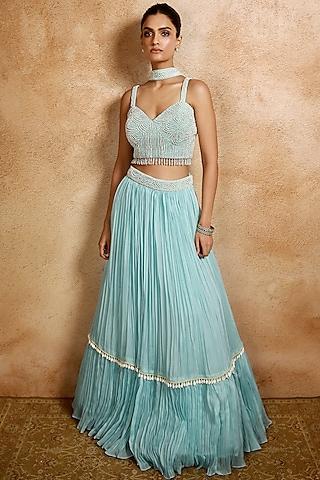 blue viscose organza lehenga set