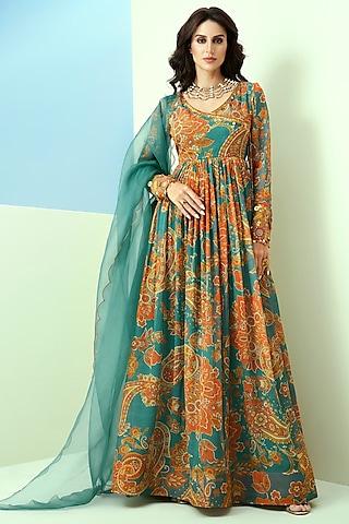 blue viscose organza printed & embroidered anarkali set