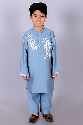 blue viscose polyester floral embroidered kurta set for boys