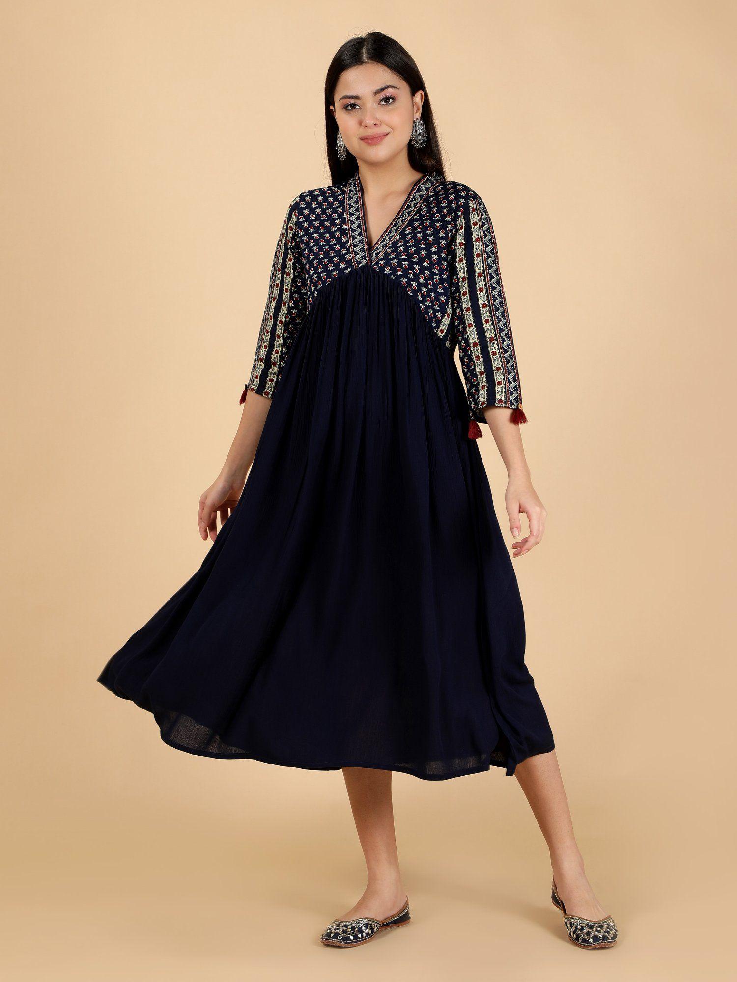 blue viscose printed flared long dress