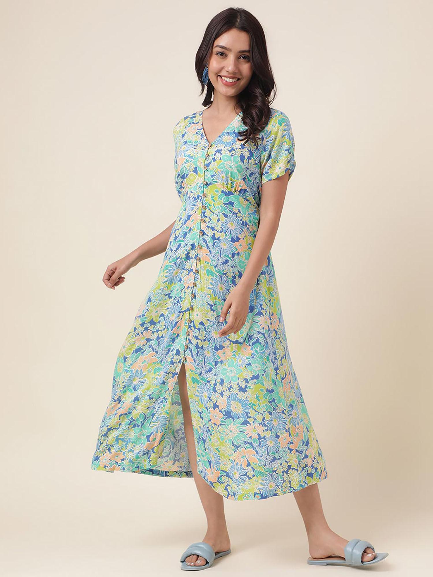 blue viscose printed women dress