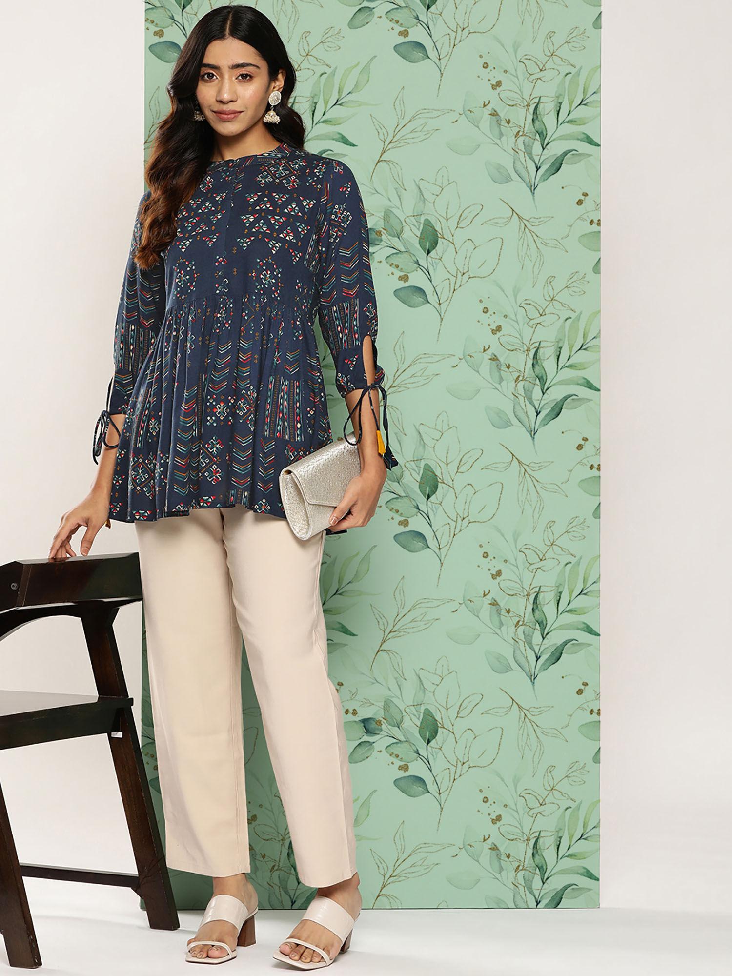 blue viscose rayon all-over ethnic detail gathered flared tunic