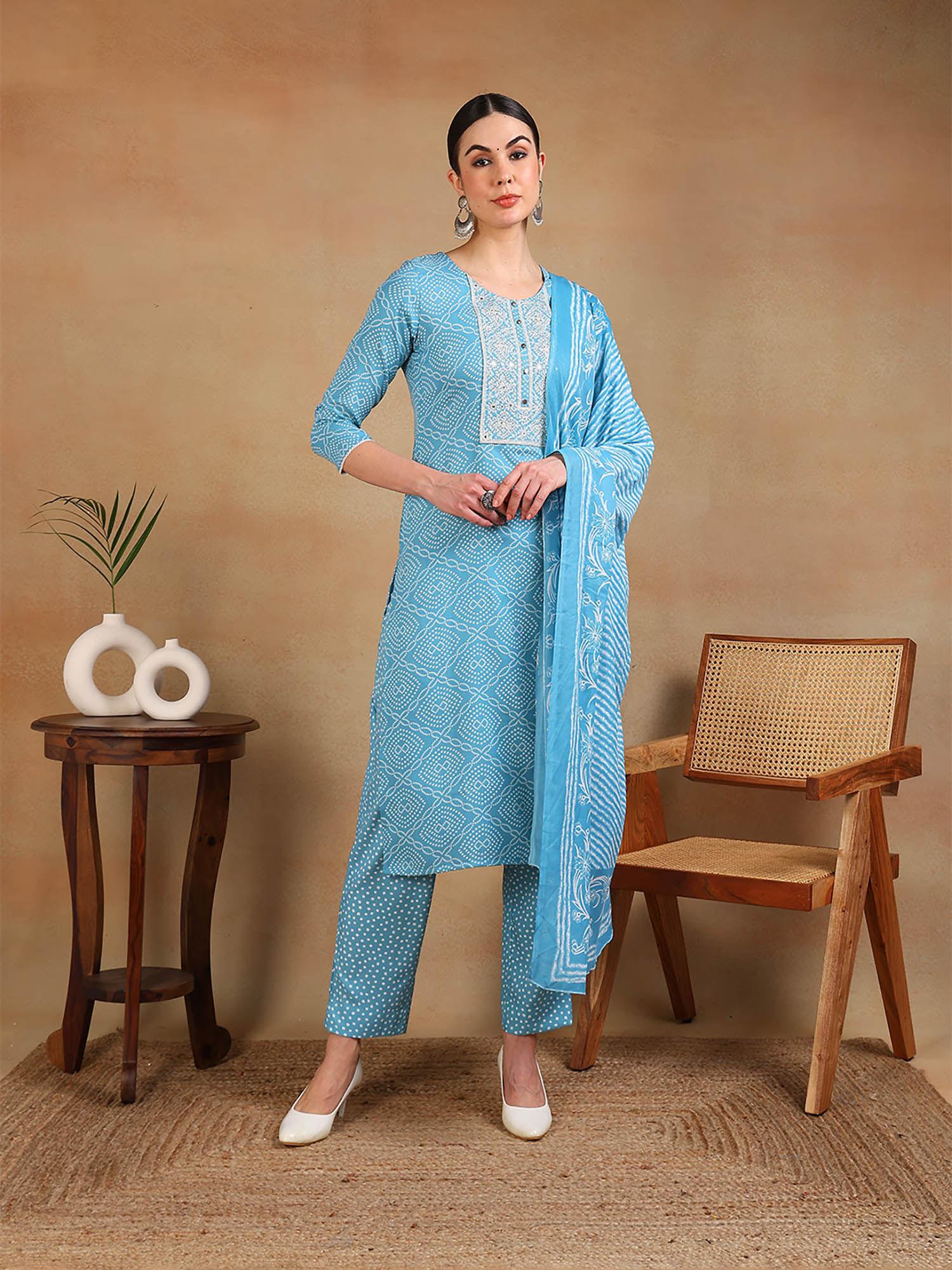 blue viscose rayon bandhani embroidered straight kurta pants with dupatta (set of 3)