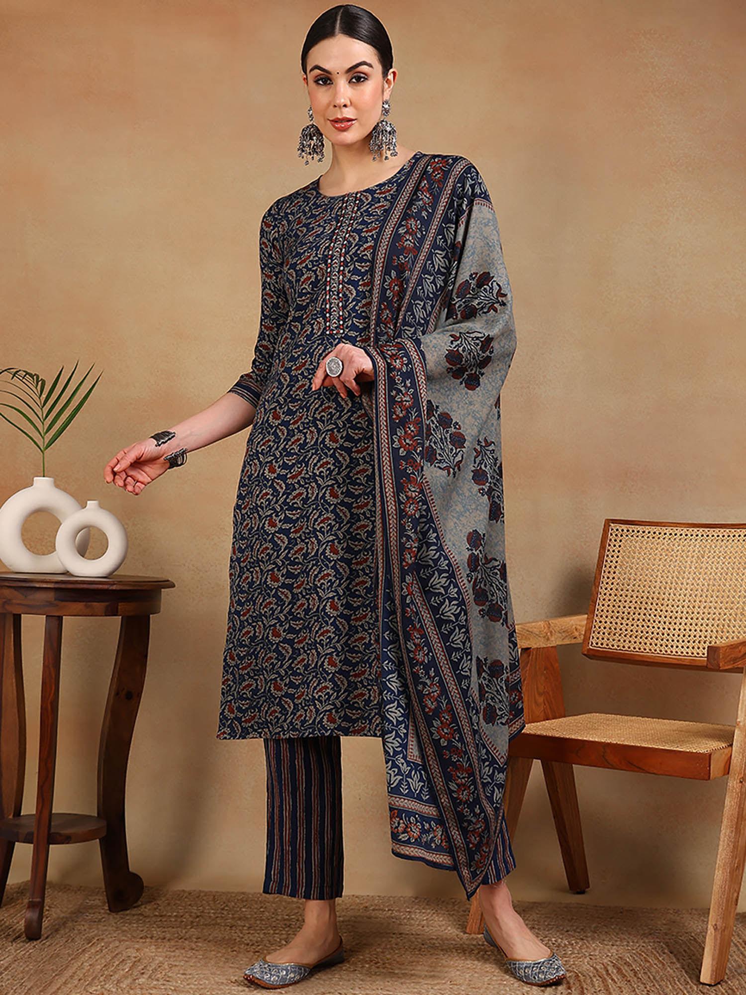blue viscose rayon floral embroidered straight kurta pants with dupatta (set of 3)