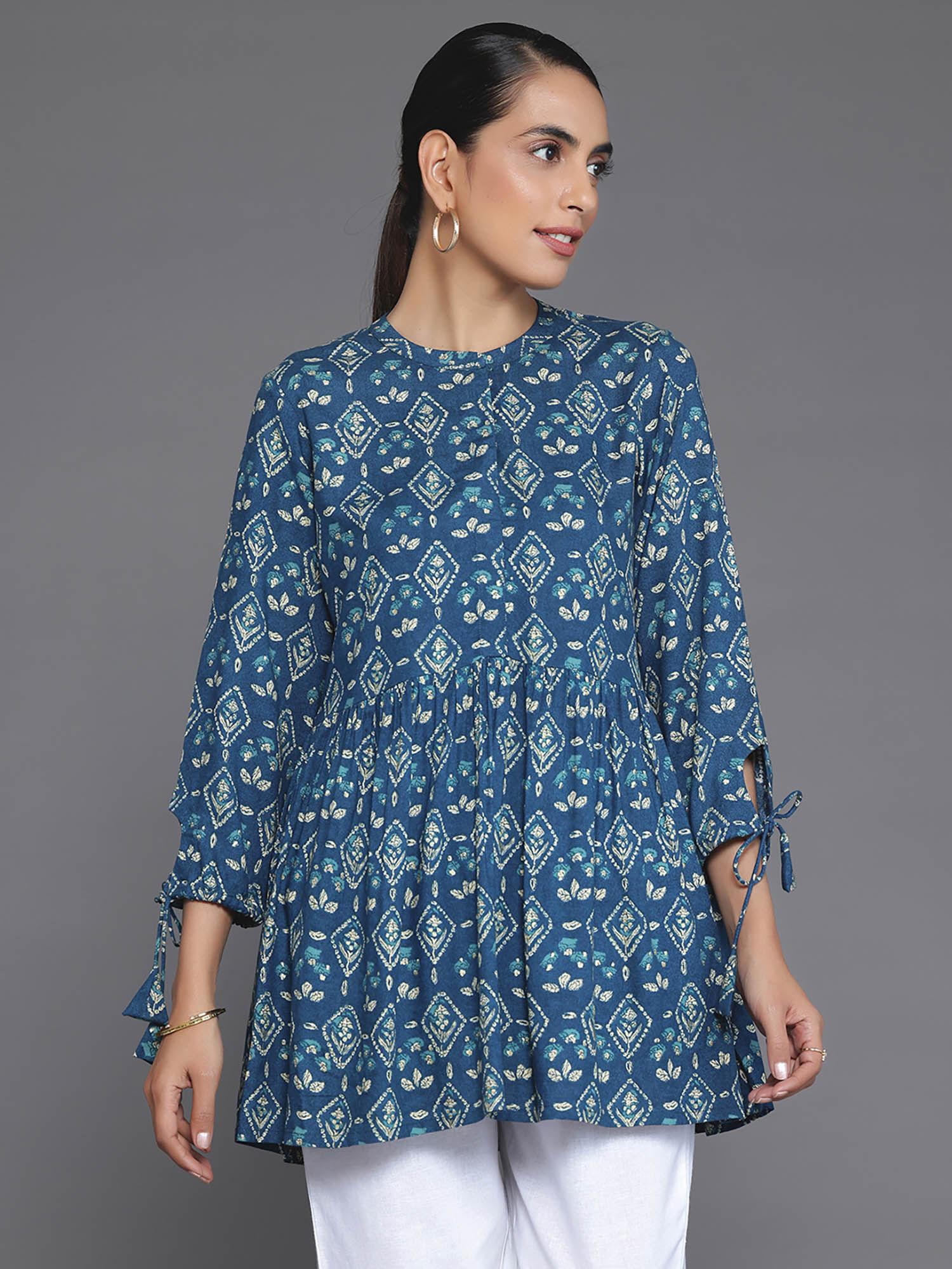 blue viscose rayon floral printed a-line tunic