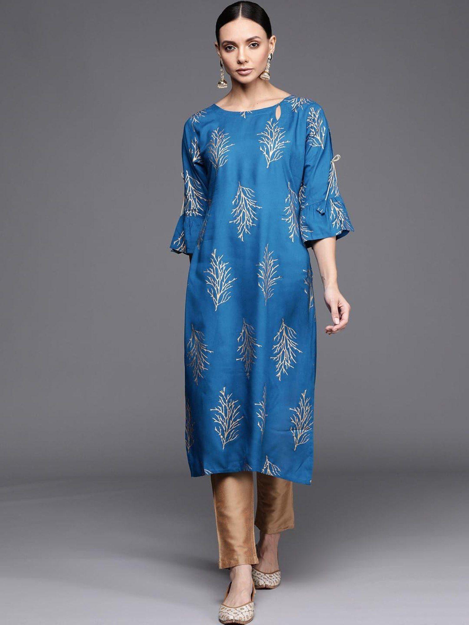 blue viscose rayon printed straight kurta