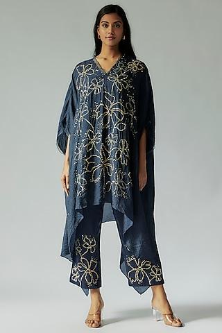 blue viscose silk floral embroidered kurta set
