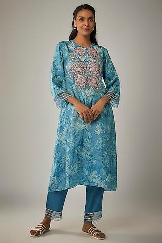 blue viscose silk printed & sequin embroidered kurta set