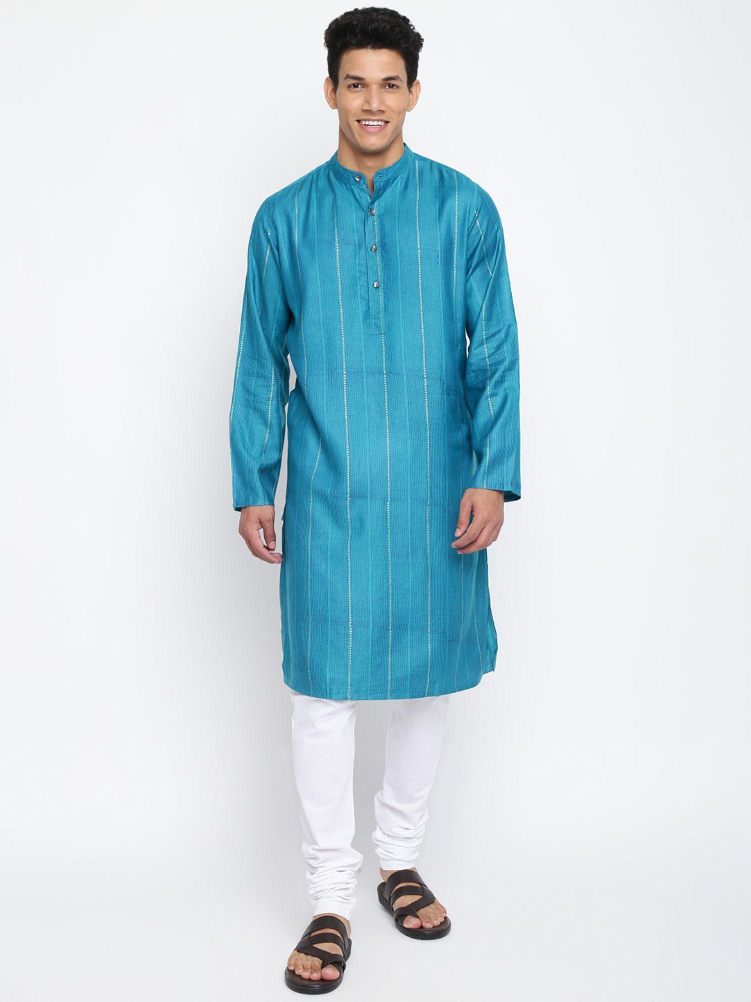 blue viscose silk printed long kurta