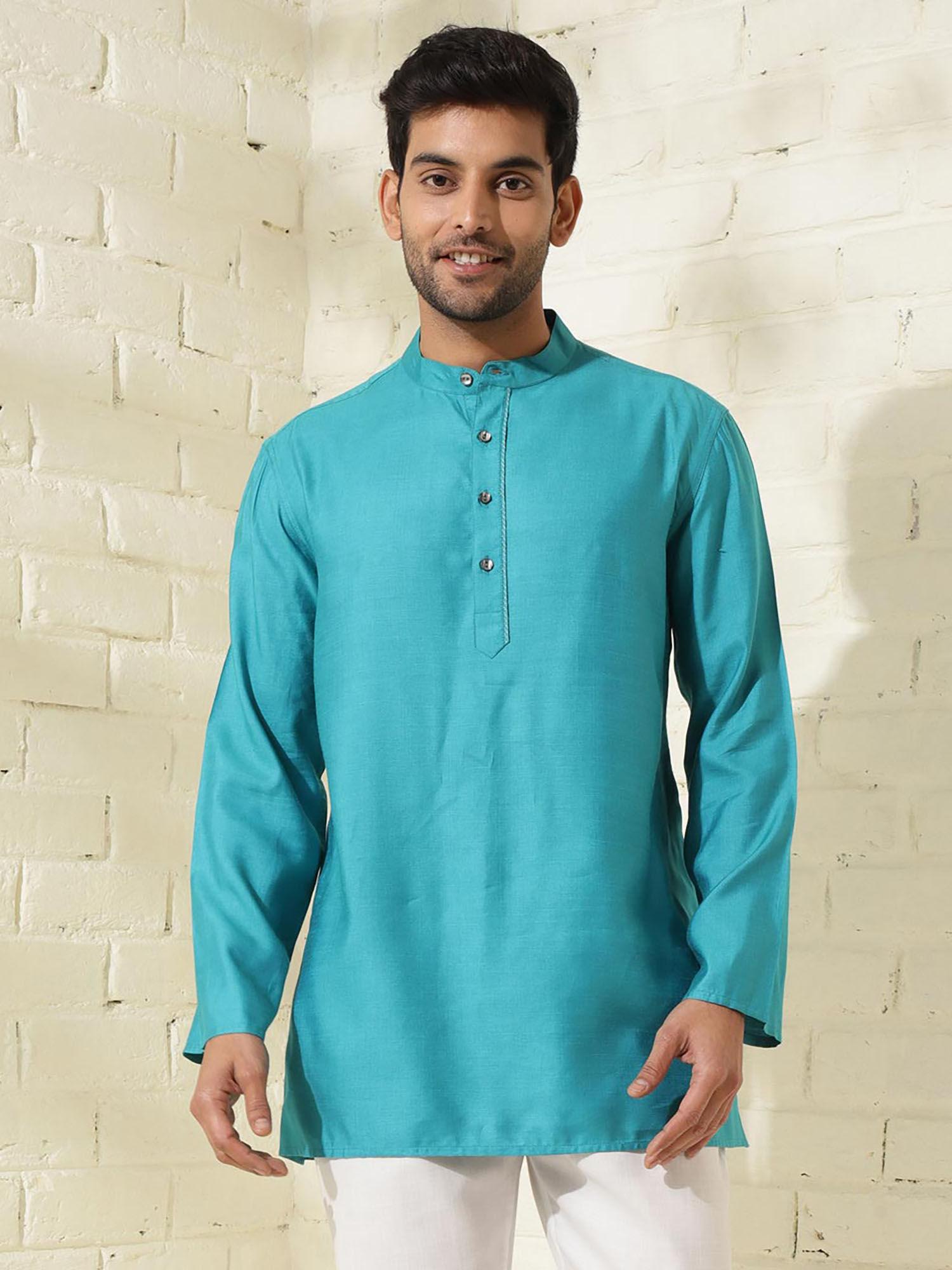 blue viscose silk woven short kurta