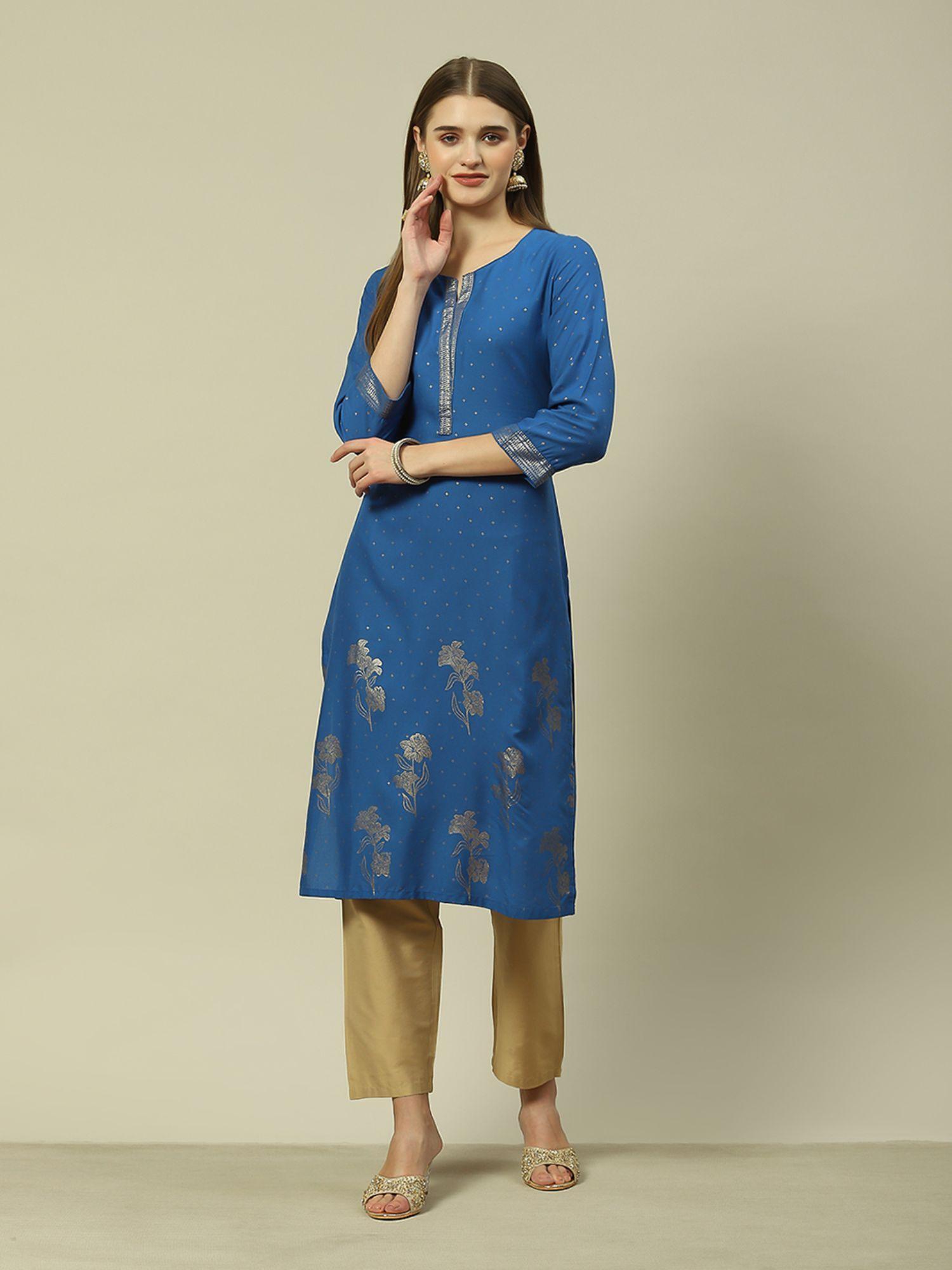 blue viscose straight printed kurta