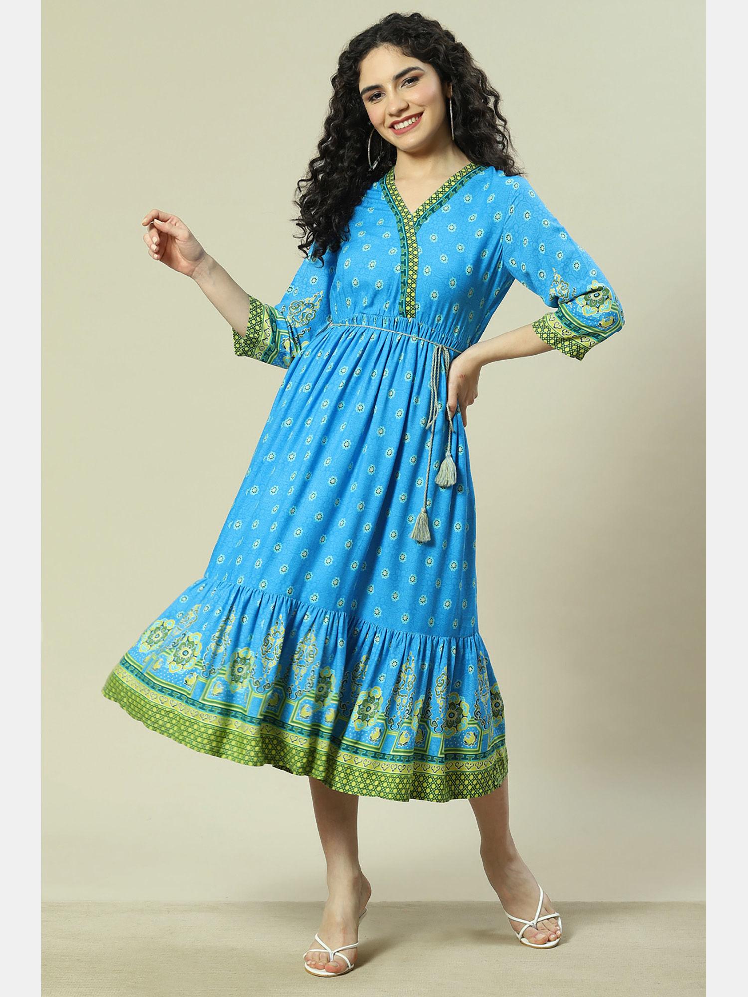 blue viscose tiered dress with belt (set of 2)