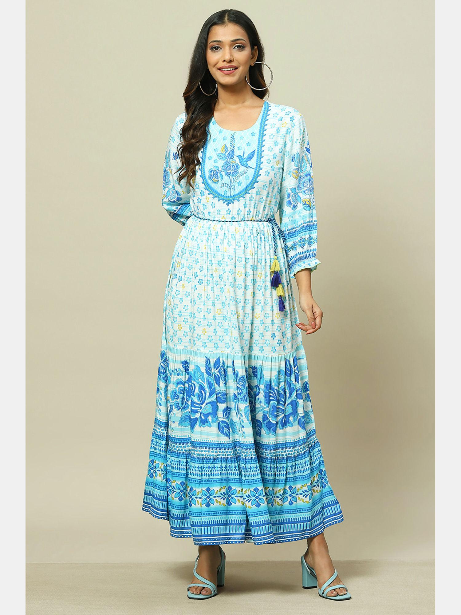 blue viscose tiered dress with belt (set of 2)