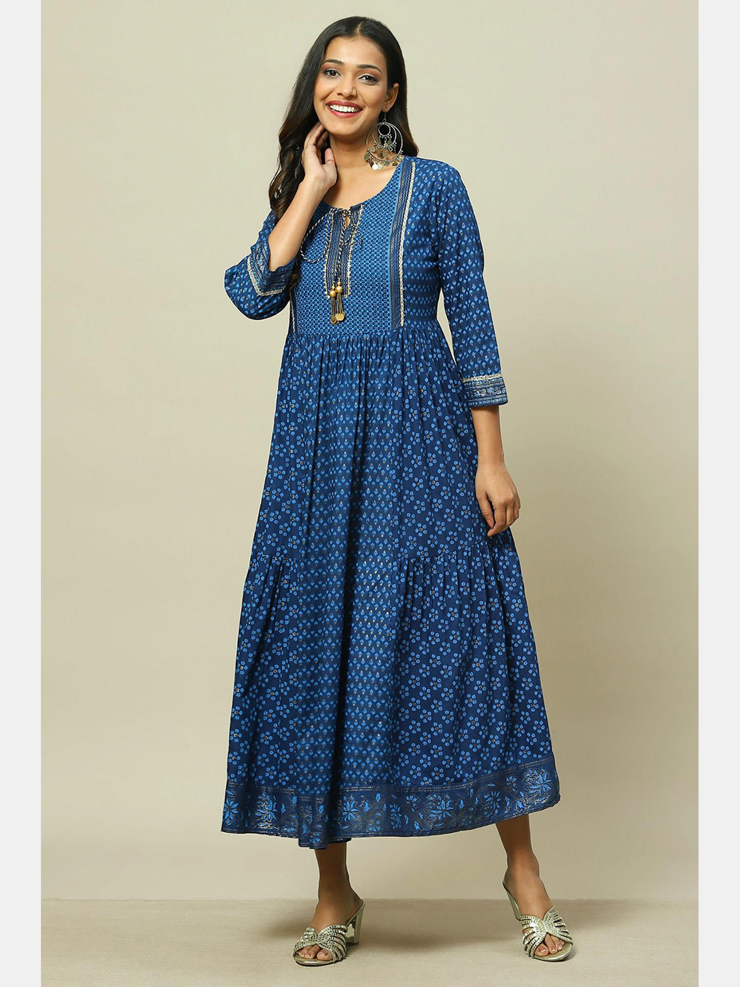 blue viscose tiered dress