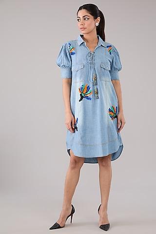 blue washed denim & cotton floral applique embellished dress