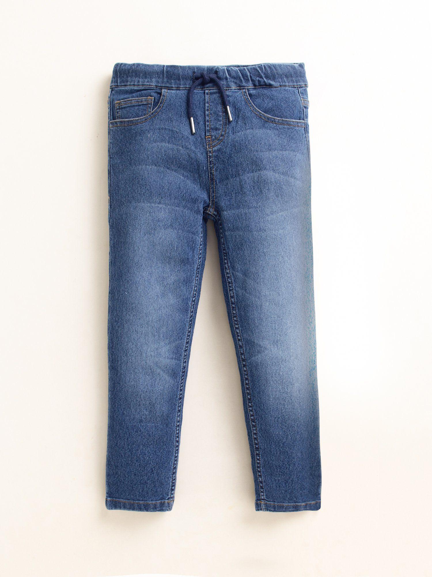 blue washed denim distressed jeans
