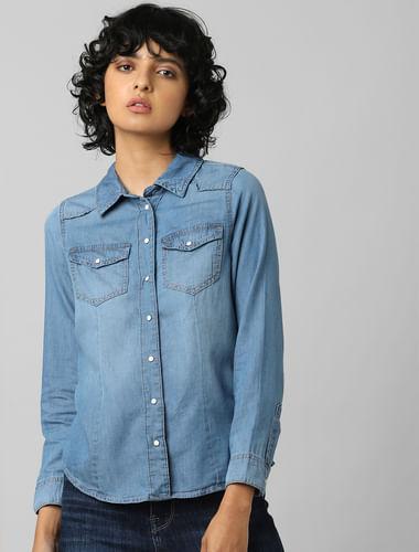 blue washed denim shirt