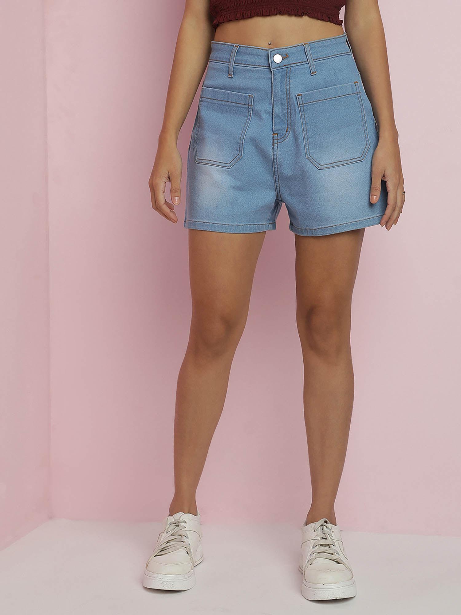 blue washed high-rise denim shorts