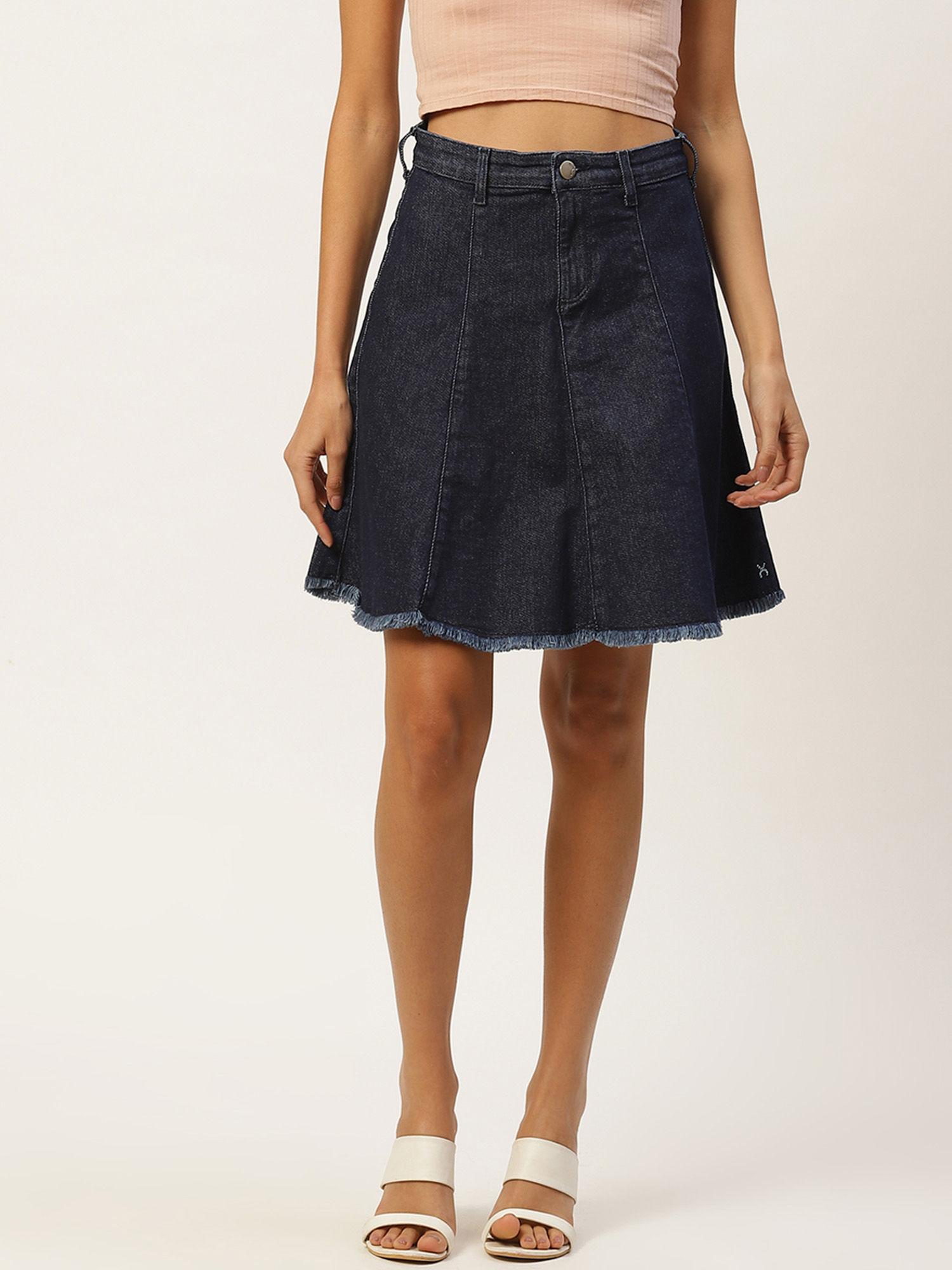 blue washed high-rise denim stretchable a-line skirt