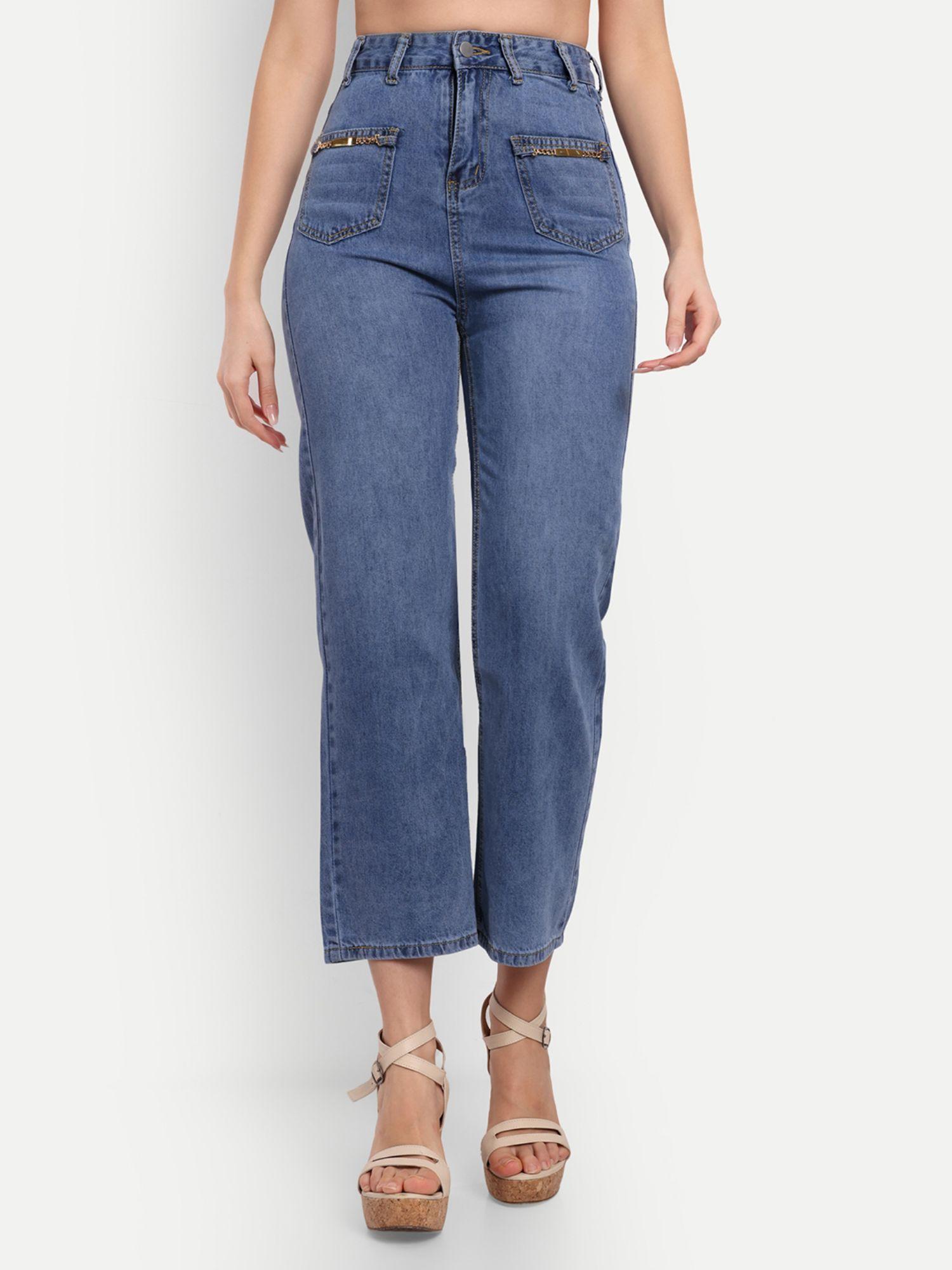 blue washed high waisted denim jeans with a front patch pocket and chain detailing