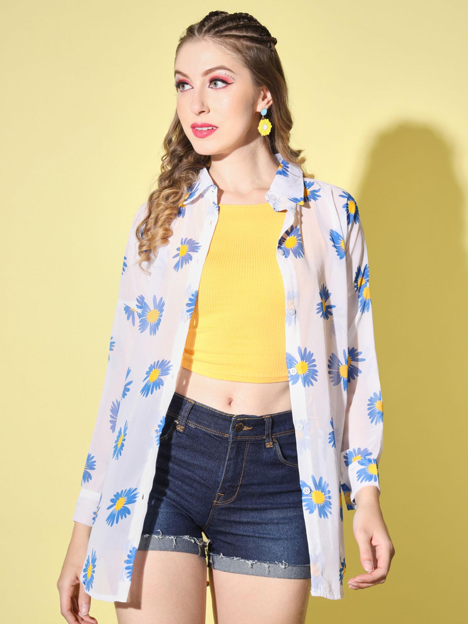 blue white boxy fit georgette floral print women long shirt