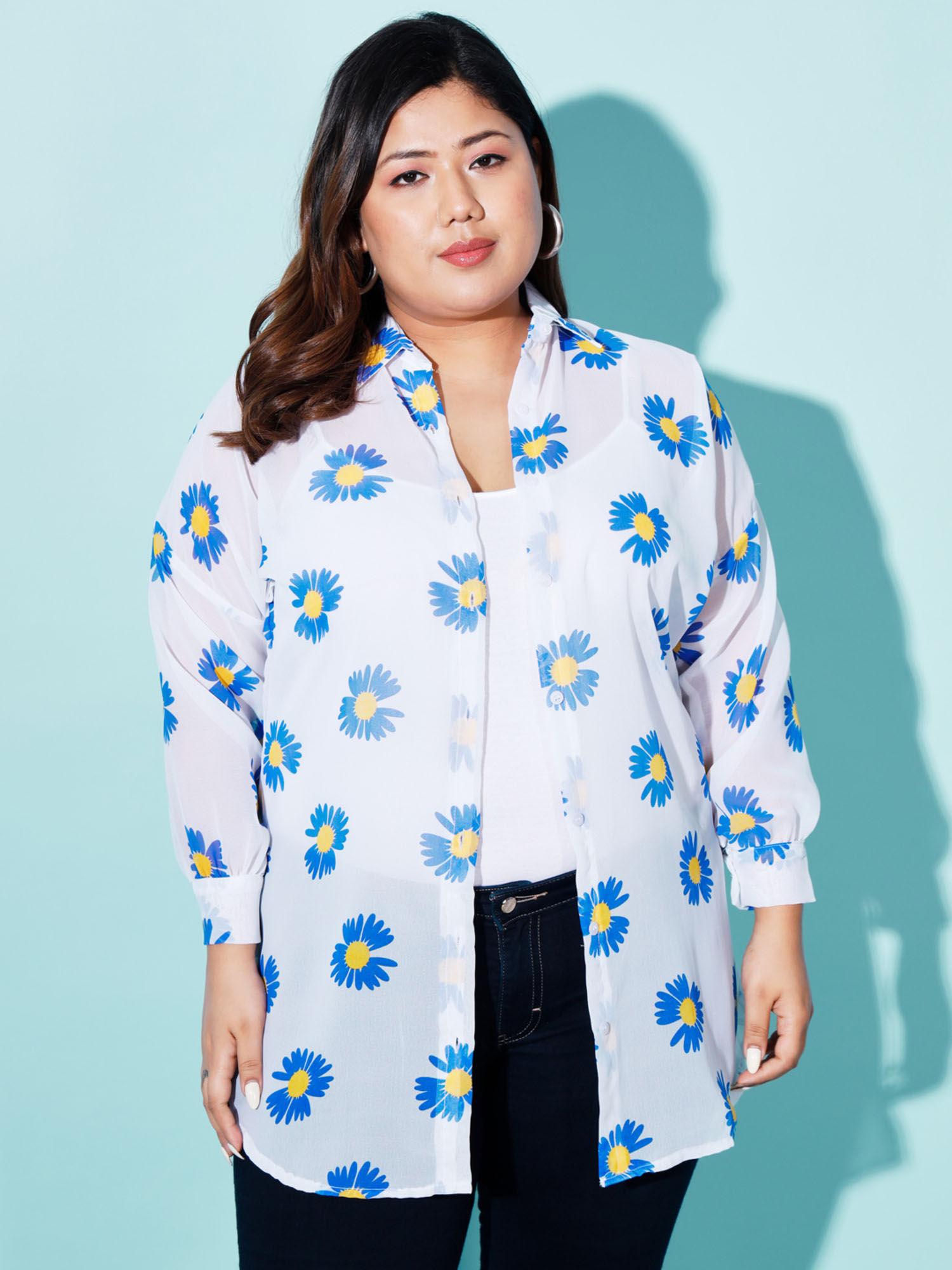 blue white boxy fit georgette floral print women plus size long shirt