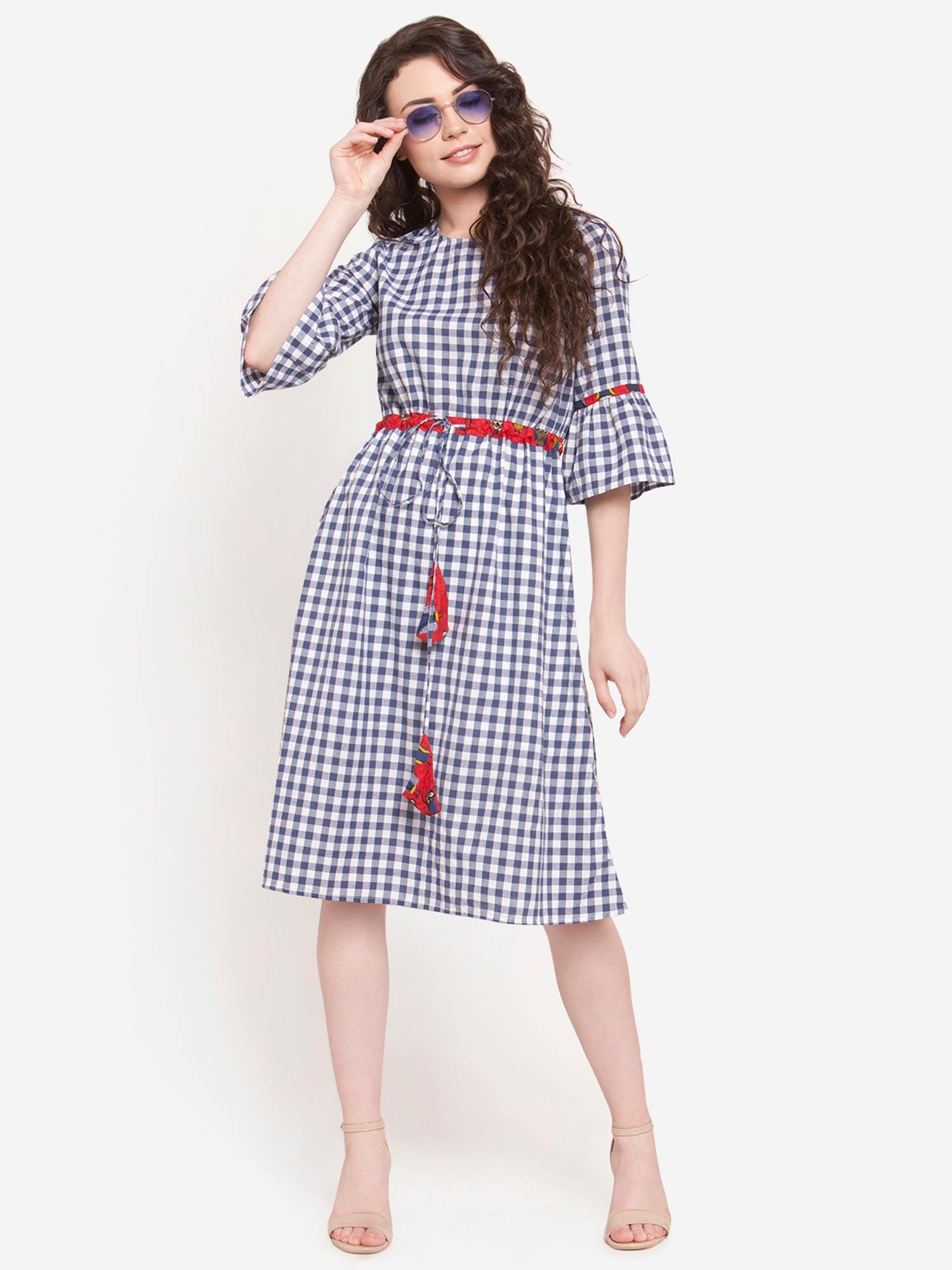 blue white check cotton midi dress