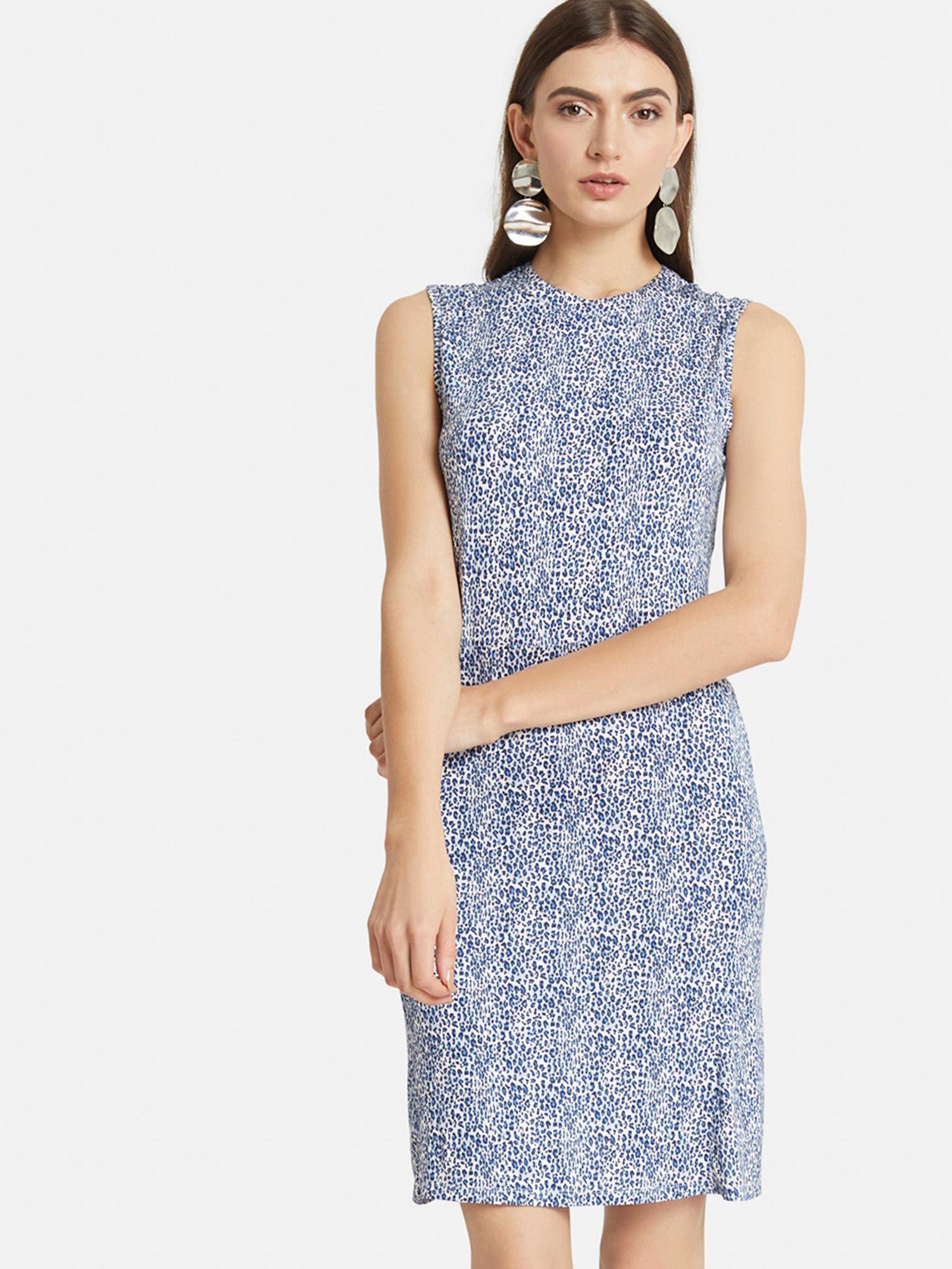 blue white combo high neck midi dress