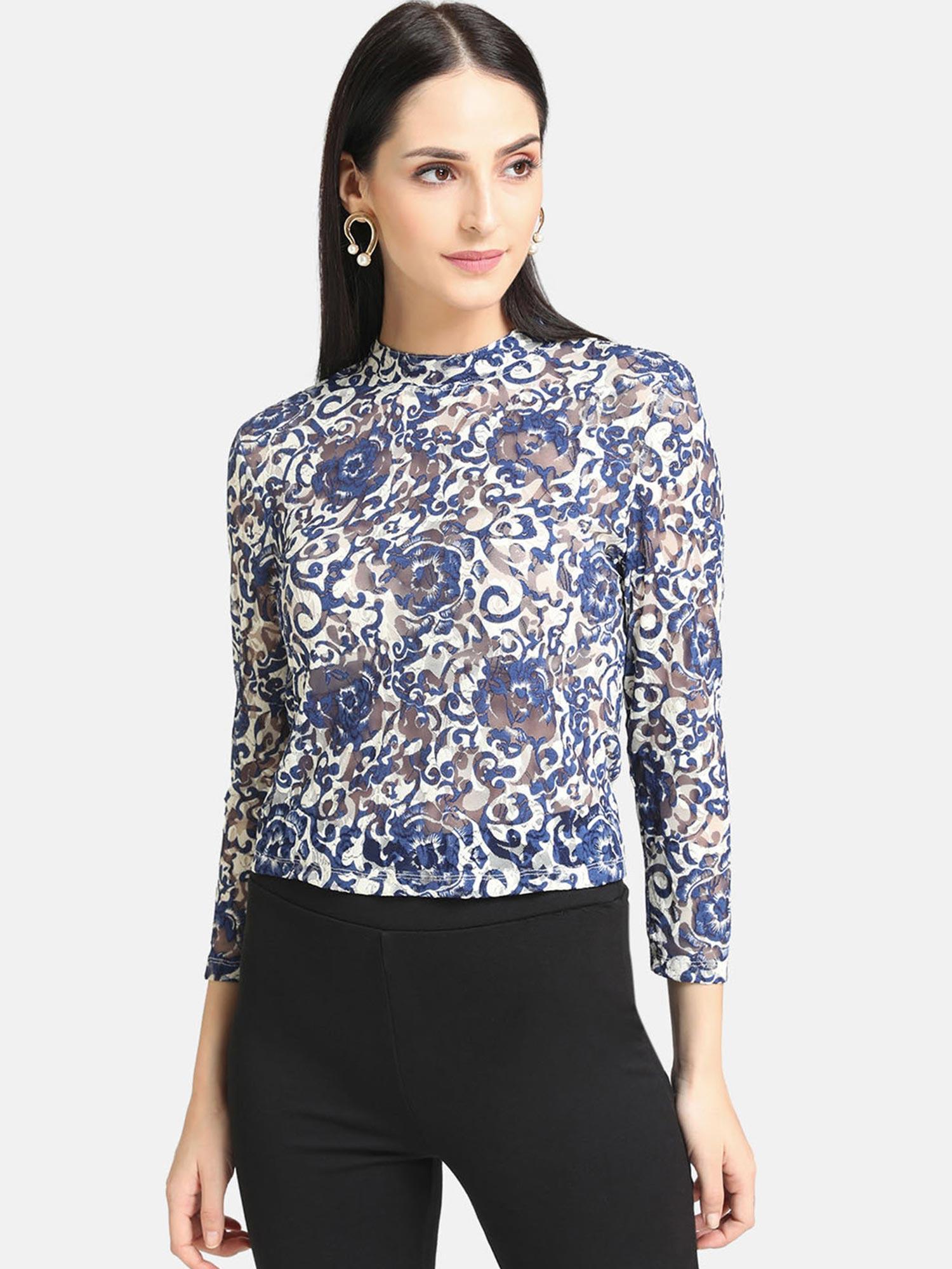 blue white combo printed lace top