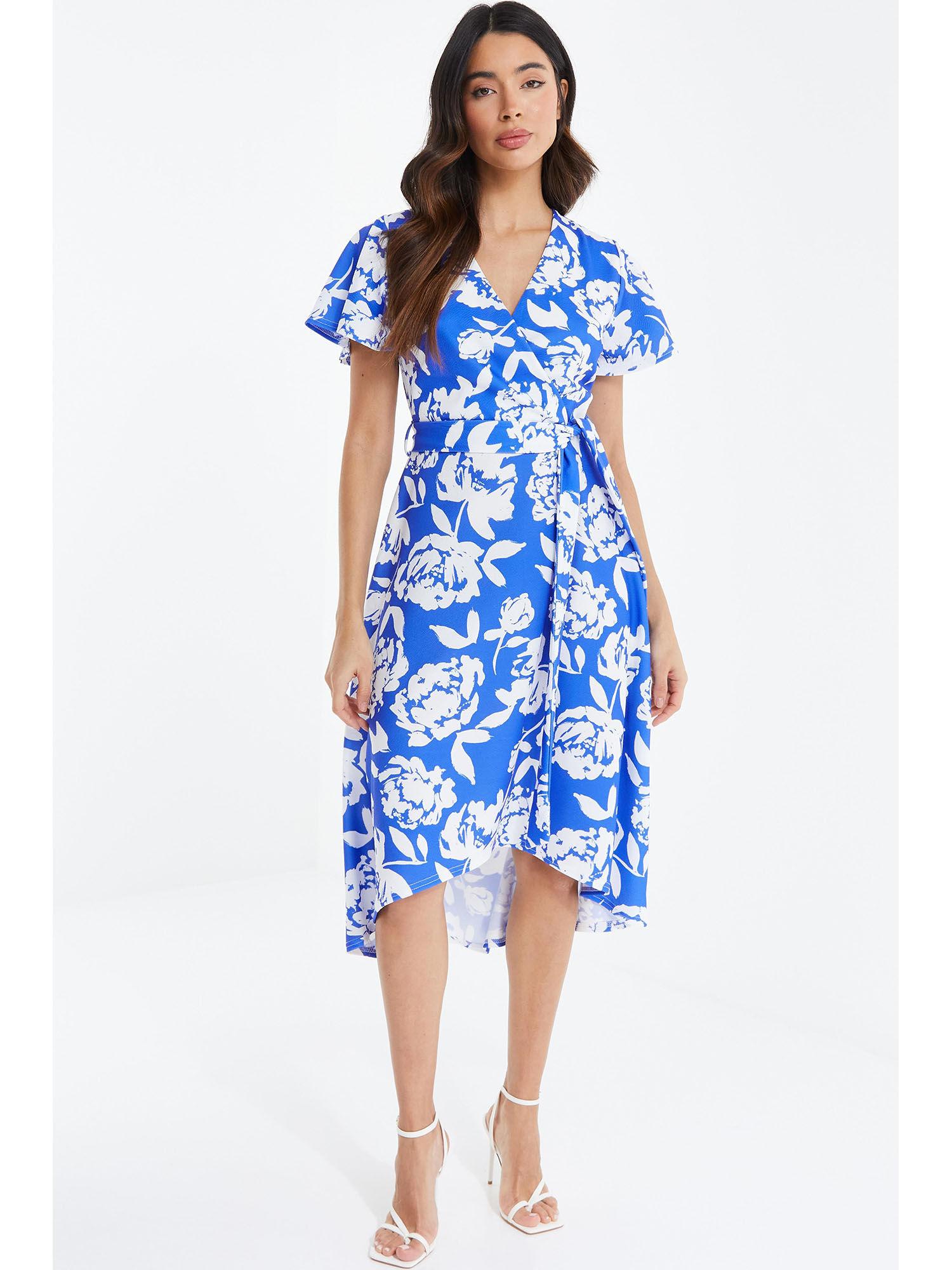 blue white floral wrap dip hem dress (set of 2)