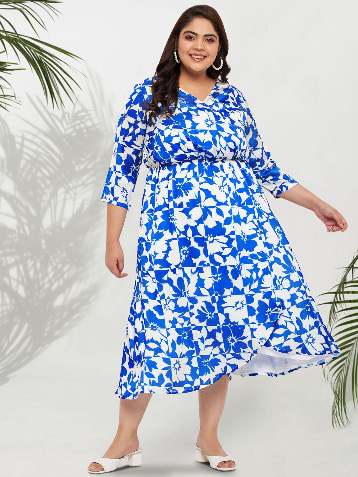 blue white plus size floral wrap midi curve dress