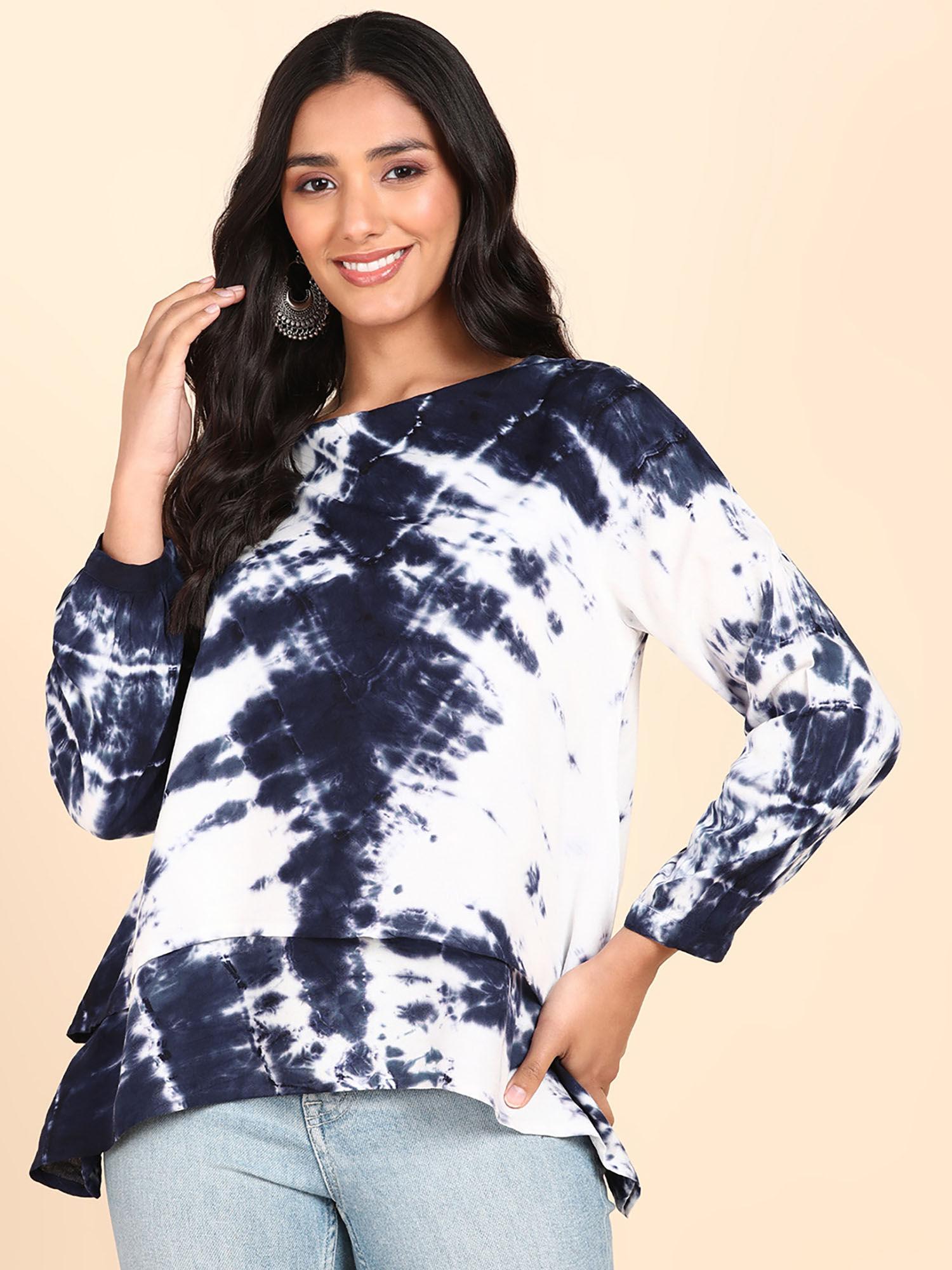 blue white tie dye rayon layered top