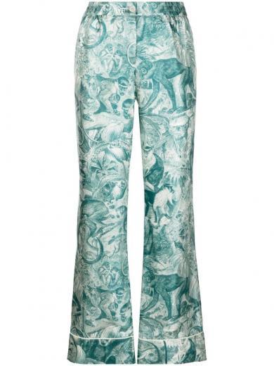blue wide-leg printed silk trousers