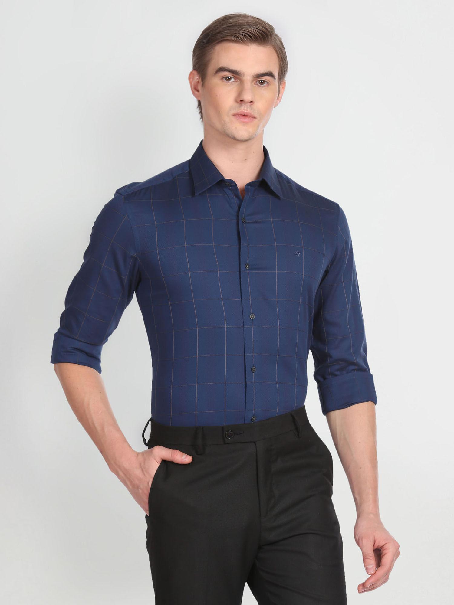 blue windowpane check cotton formal shirt