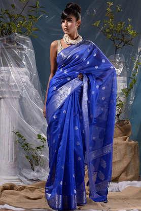 blue with silver zari weaved banarasi silk saree and beautiful jacquard weave pallu and blouse with blouse piece - blue