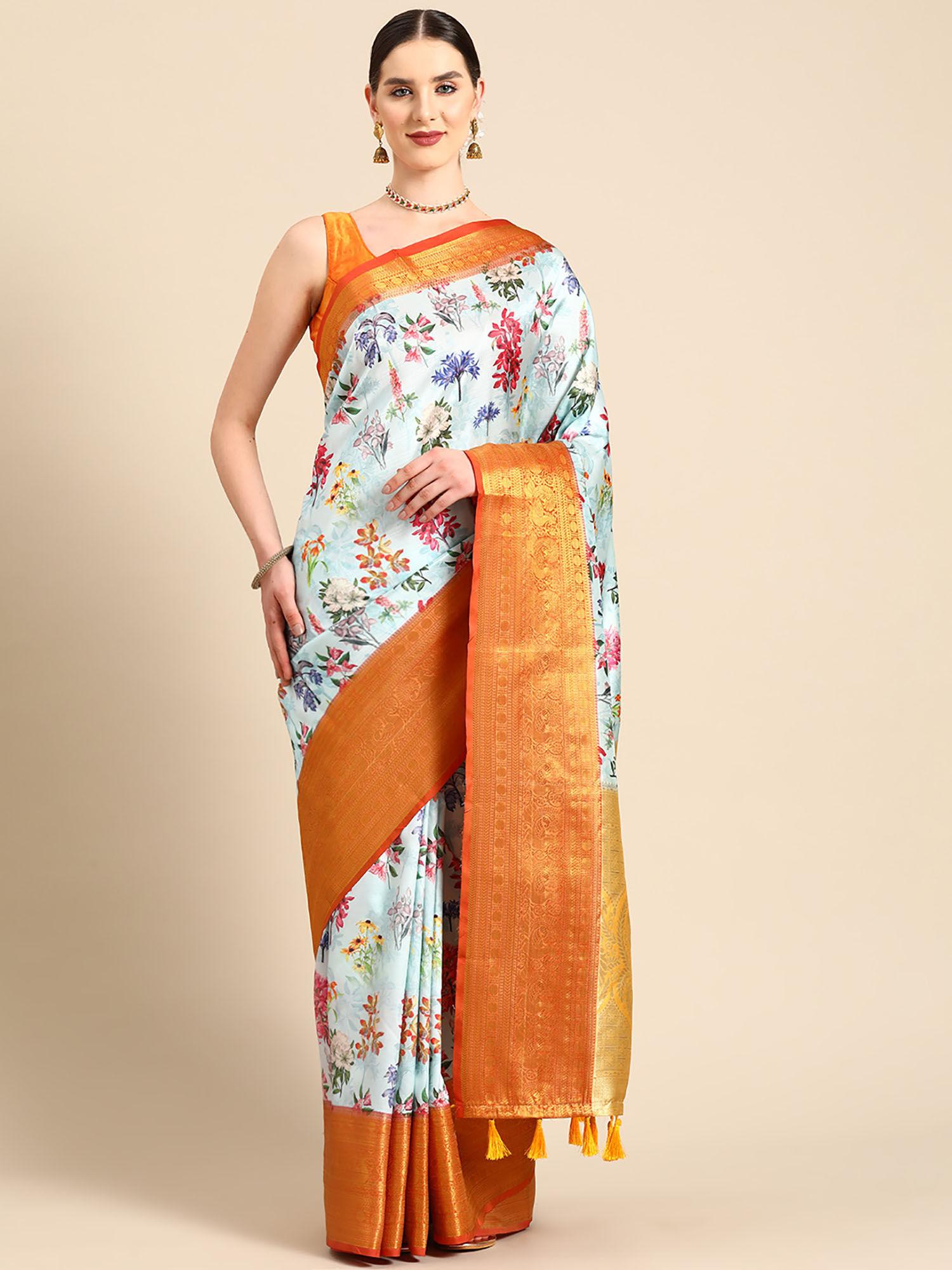 blue women art silk digital print saree with unstitched blouse