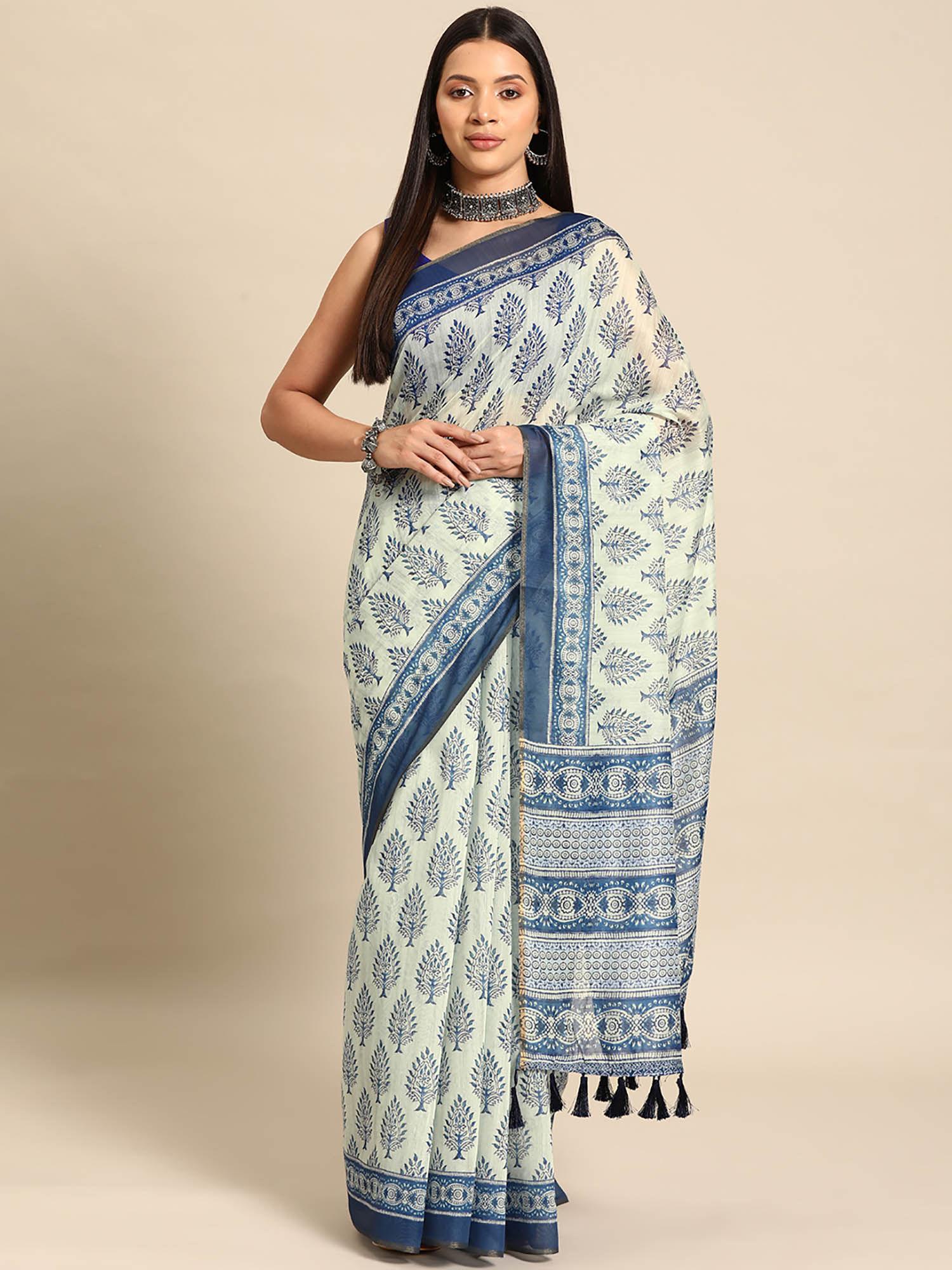 blue women block print saree with unstitched blouse