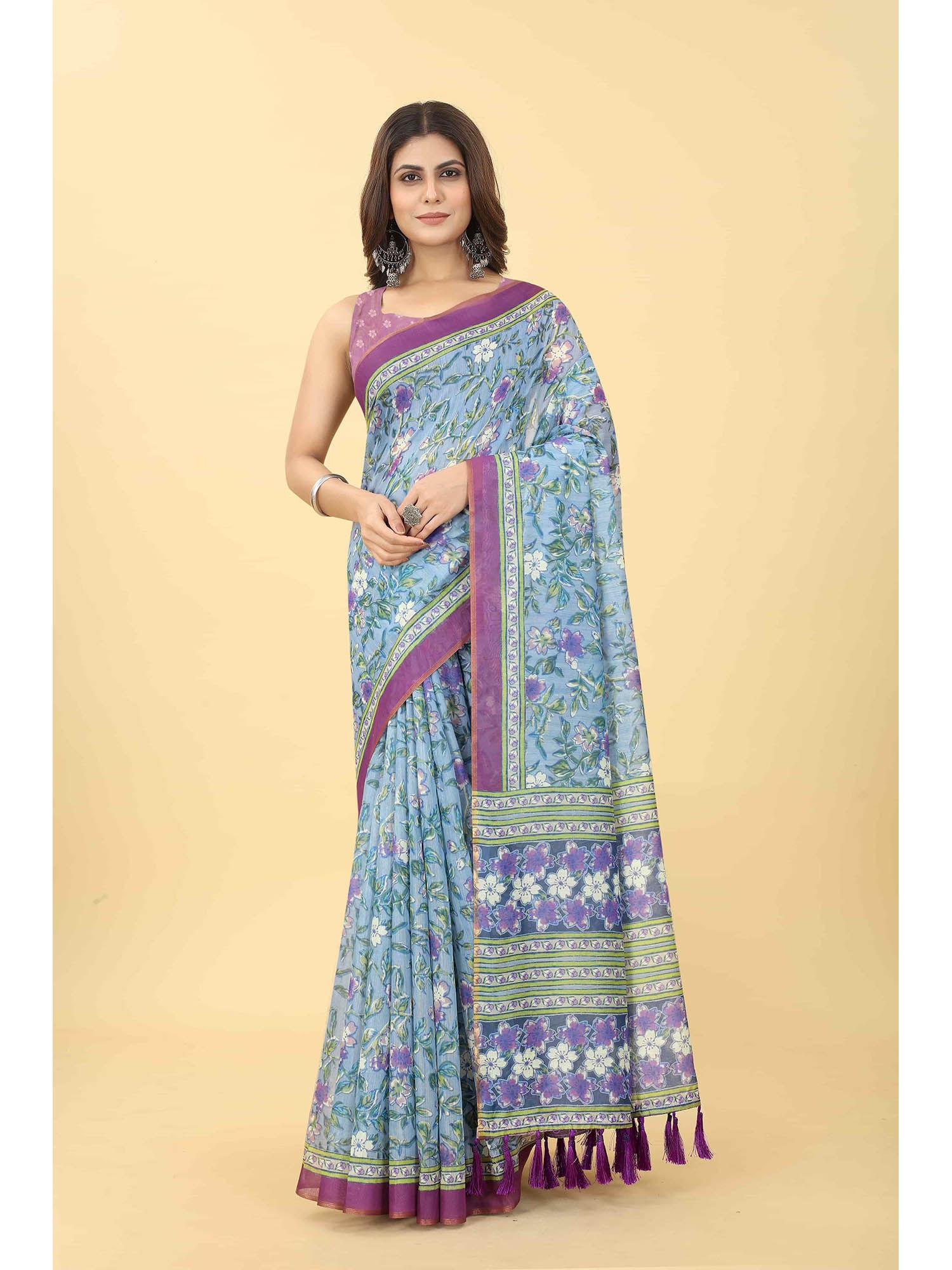 blue women block print saree with unstitched blouse