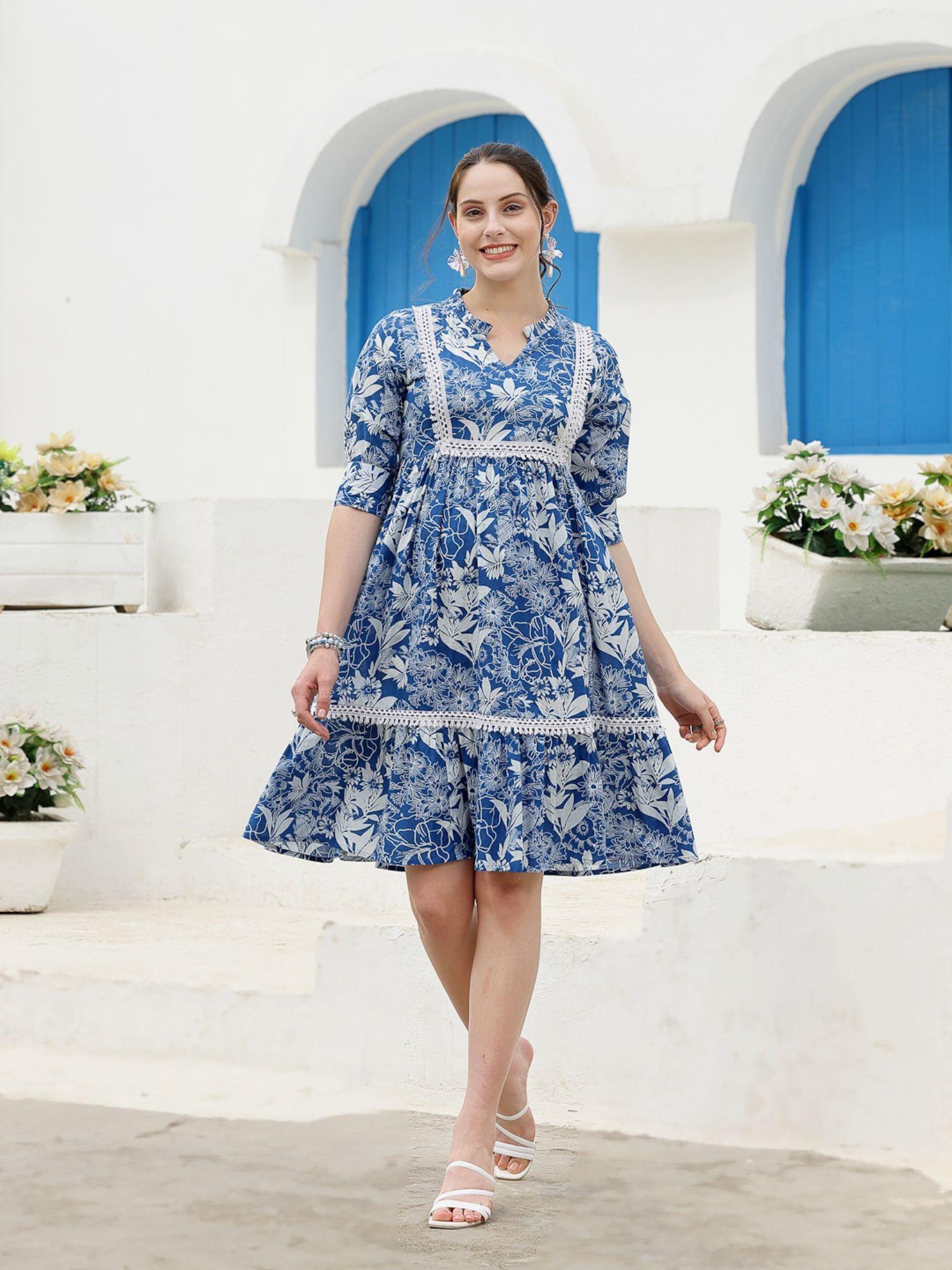 blue women tropical printed cotton a-line dress