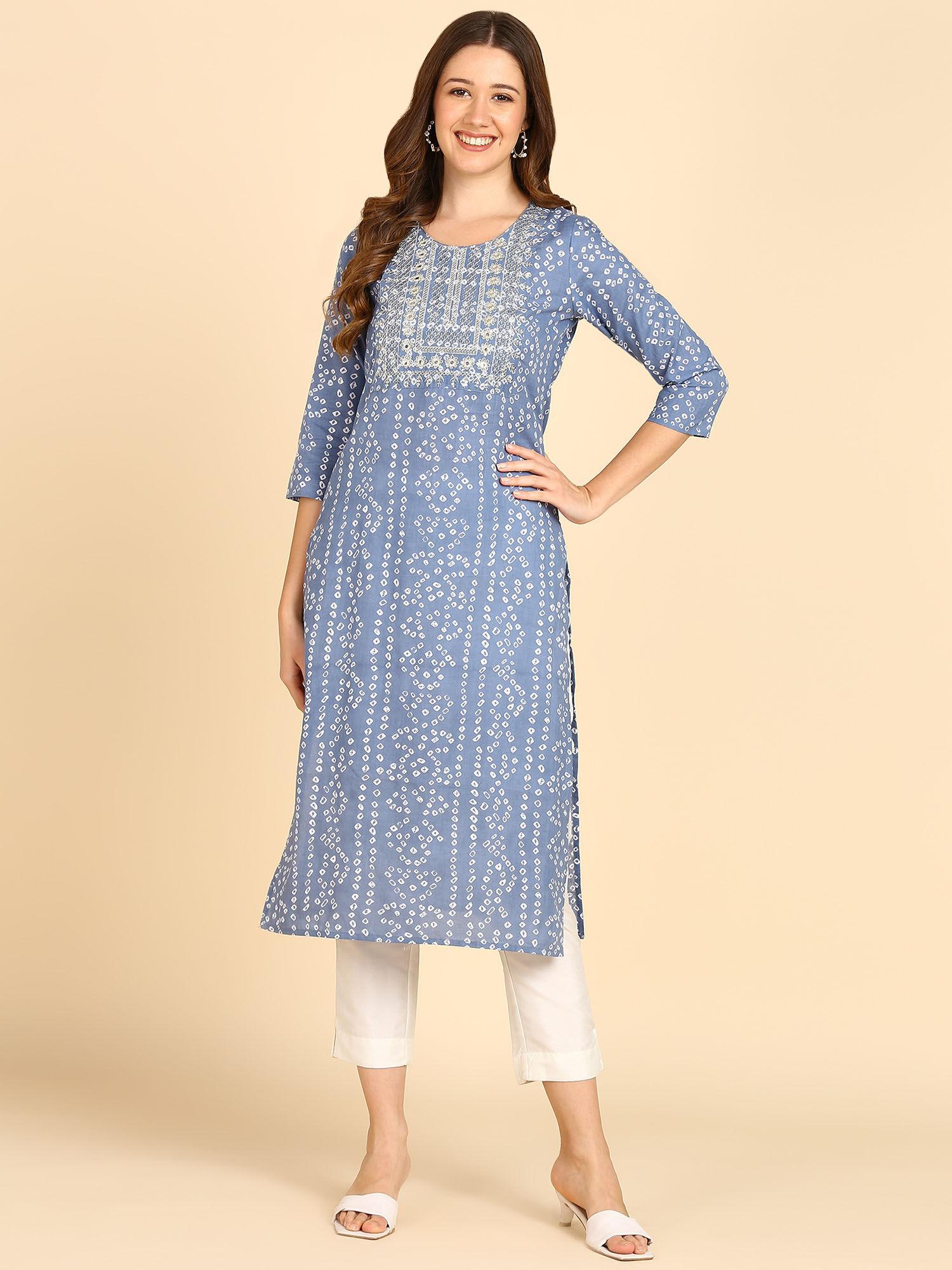 blue womens cotton sequins embroidery work bandhej print straight kurti