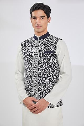 blue wool blend embroidered bundi jacket