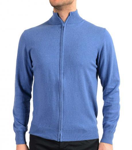 blue wool cashmere full zip cardigan