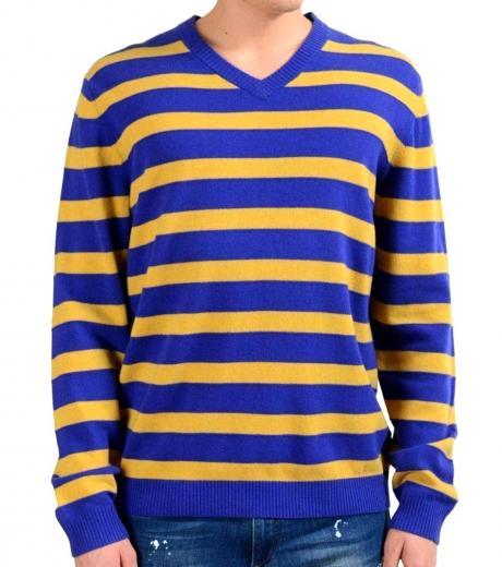 blue wool regular fit v-neck striped sweater