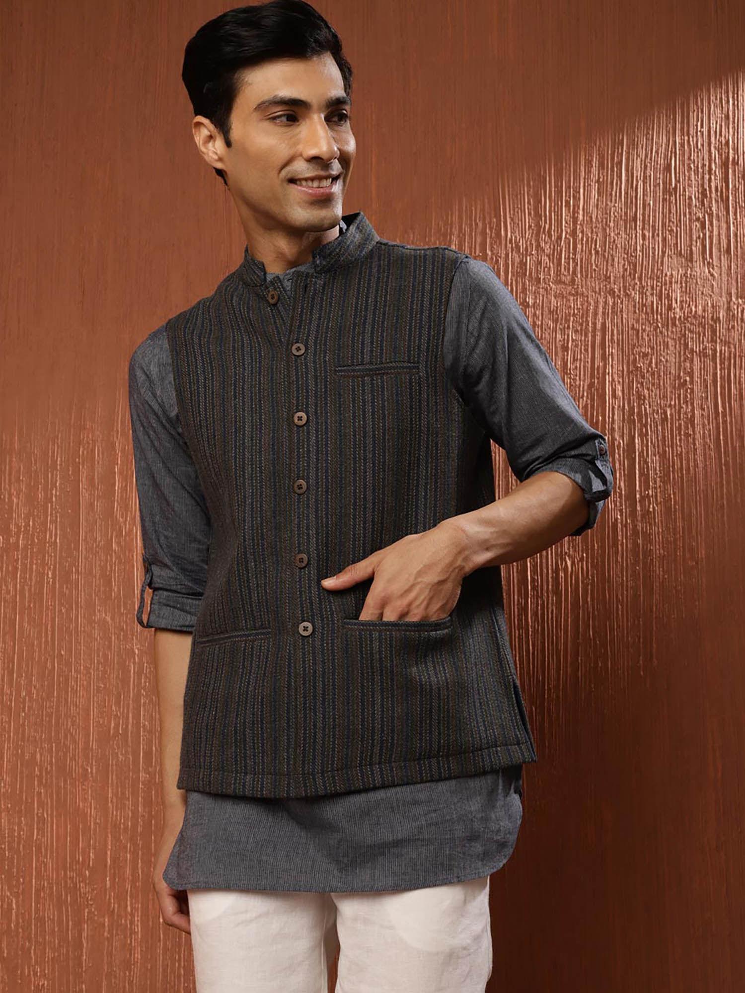 blue wool woven nehru jacket