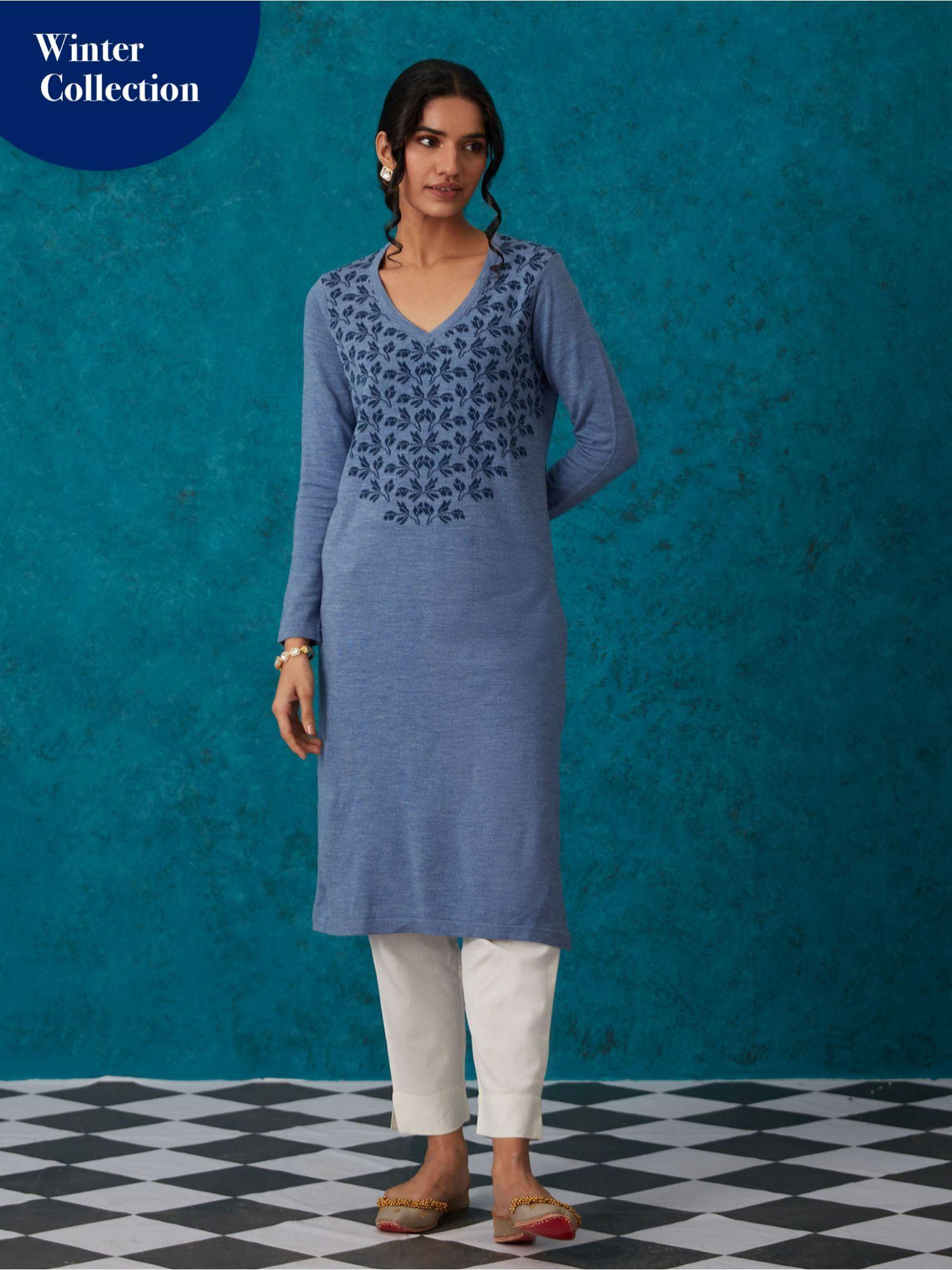 blue woollen acrylic jacquard winter kurta likkur152