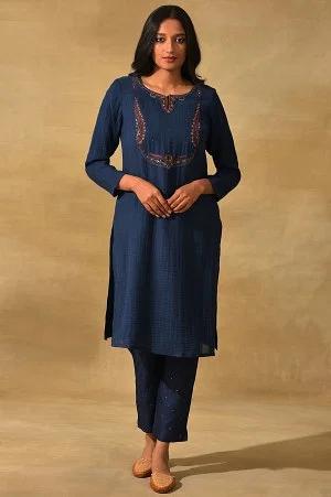 blue woollen embroidered kurta