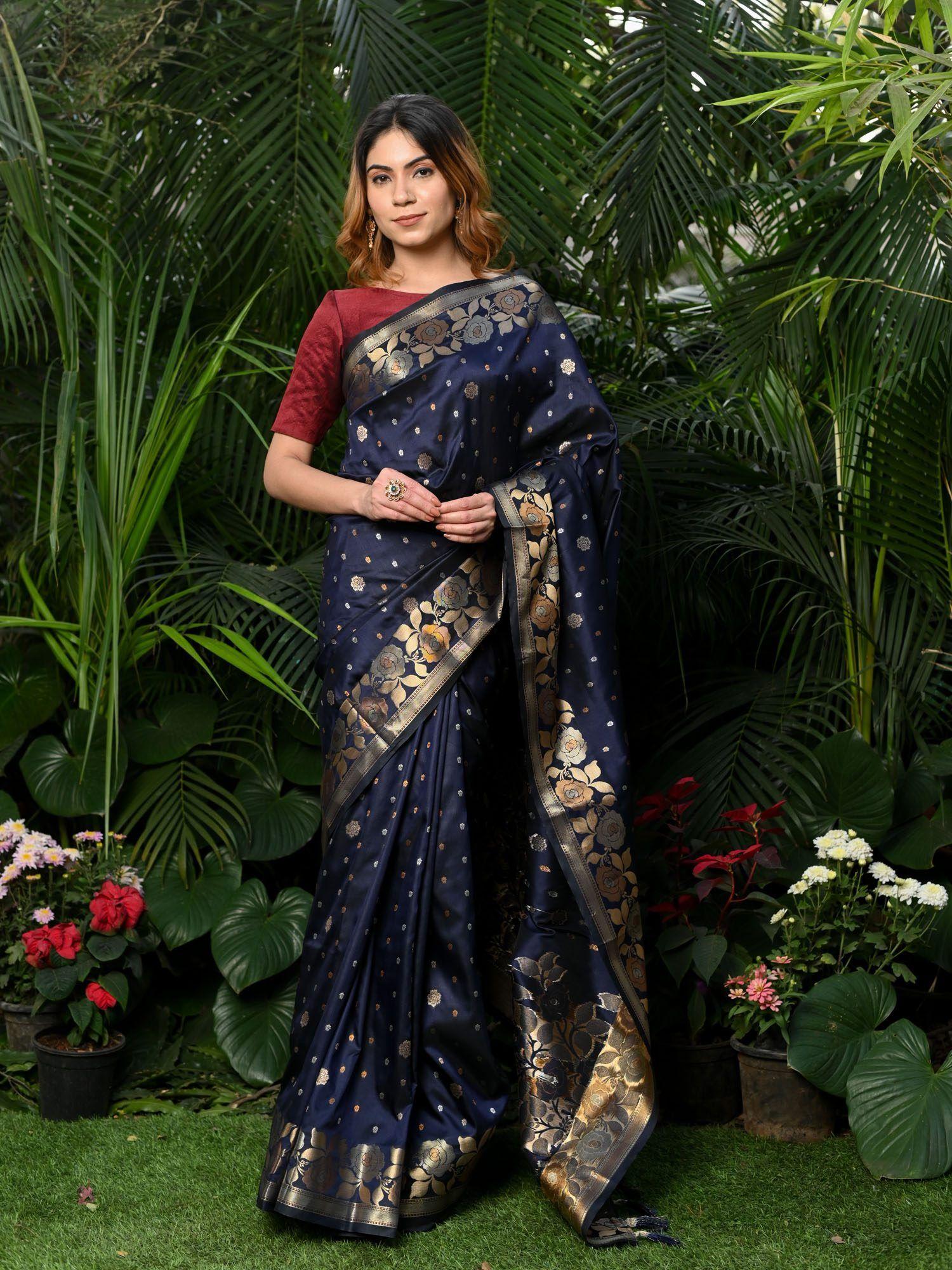 blue woven banarasi saree with unstitched blouse