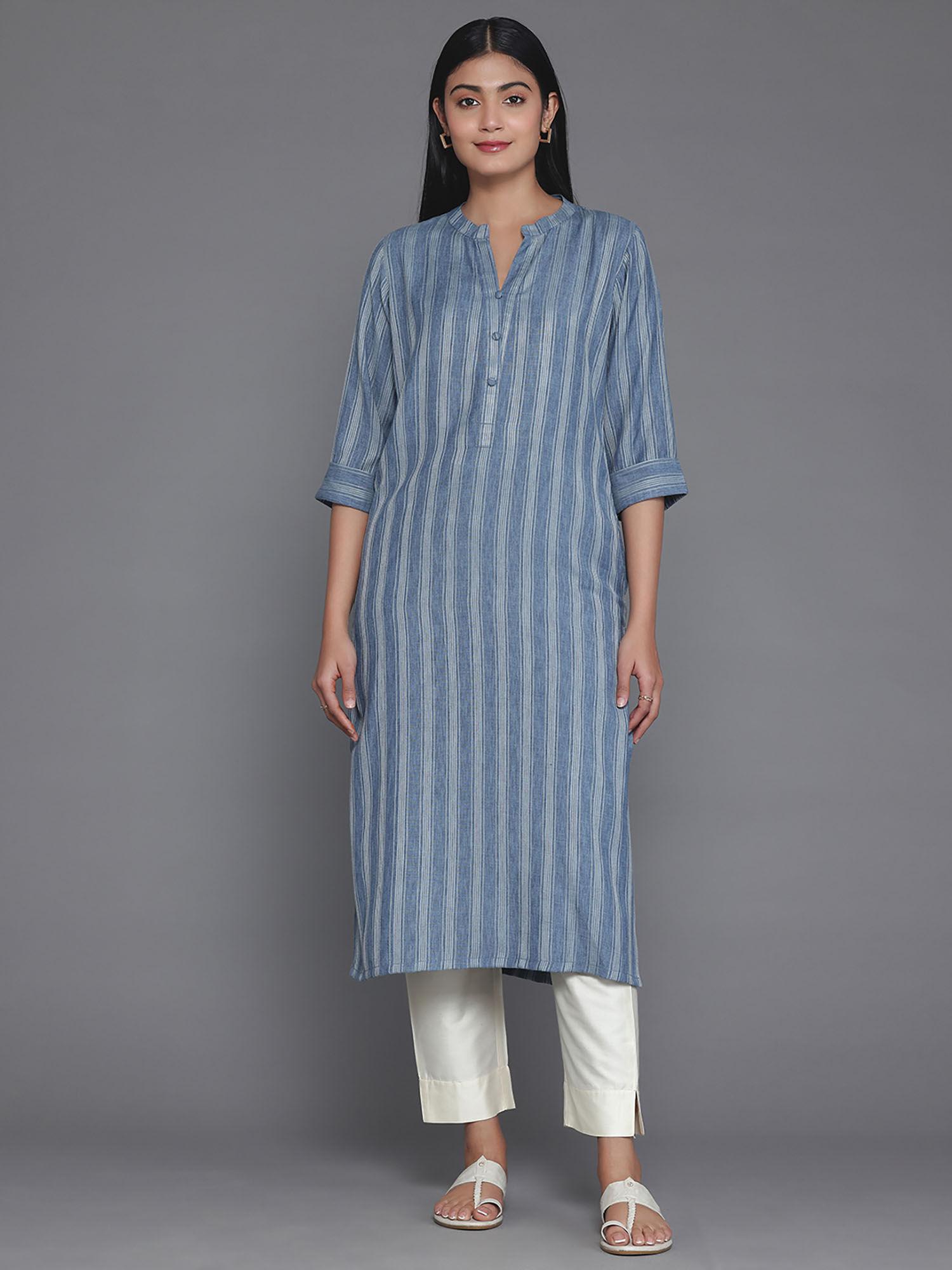 blue woven design striped viscose rayon kurta with pocket