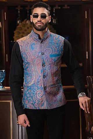 blue woven jacquard nehru jacket