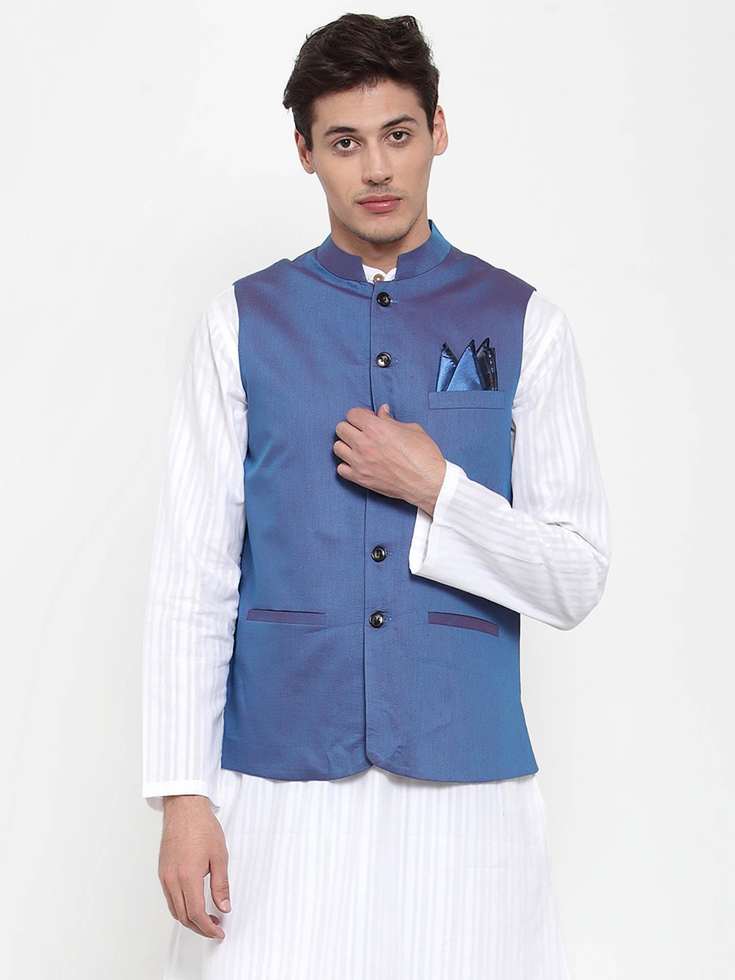 blue woven nehru jacket